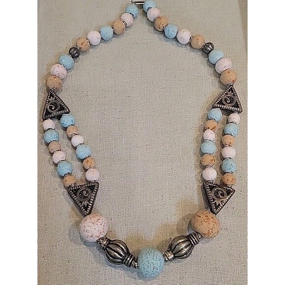 Ethnic Chunky Clay Beaded Boho Necklace Turquoise Pink Terracotta Clay 20 " - Picture 3 of 8